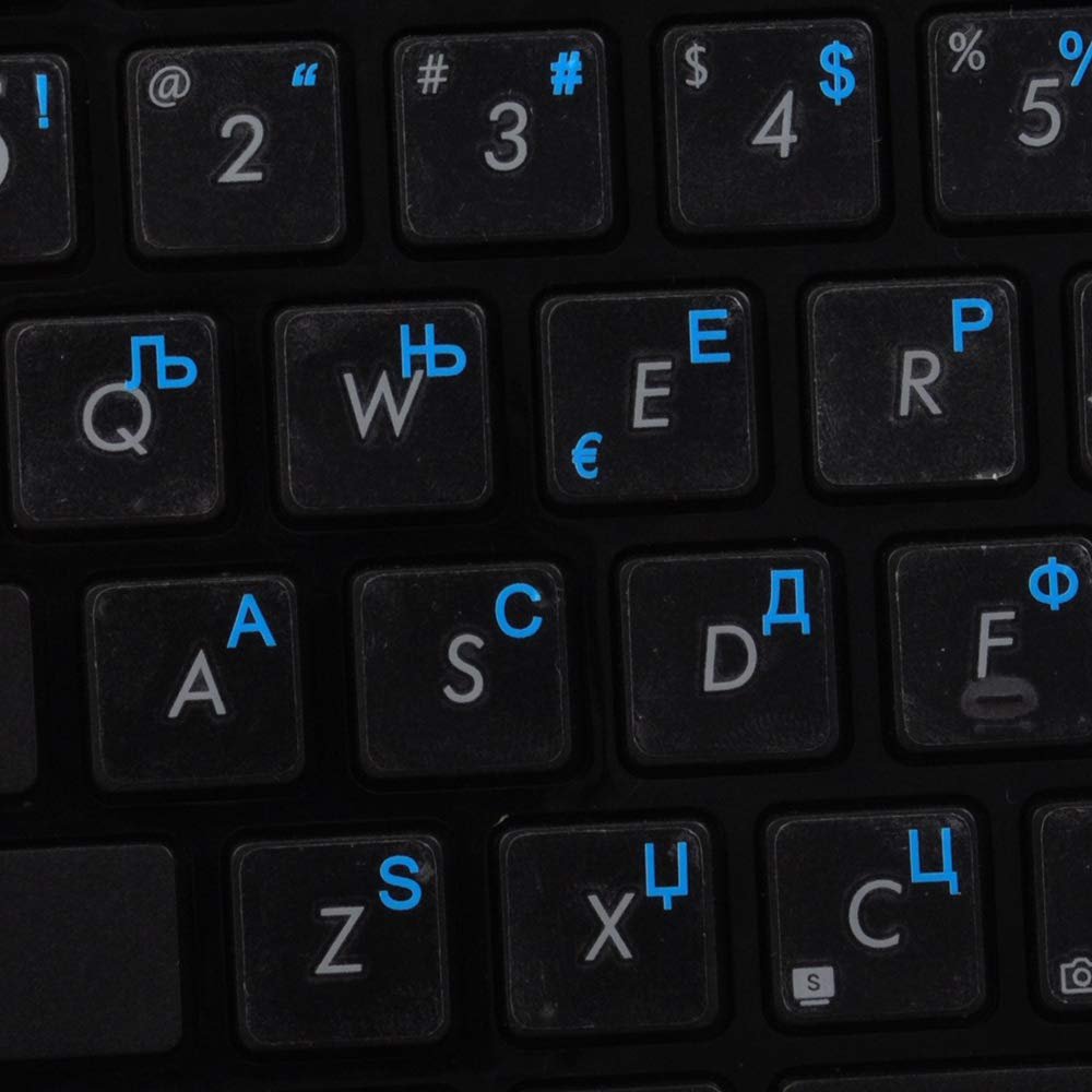 Serbian Keyboard Decals ON Transparent Background with Blue, Orange, RED, White OR Yellow Lettering (14X14) (Blue)