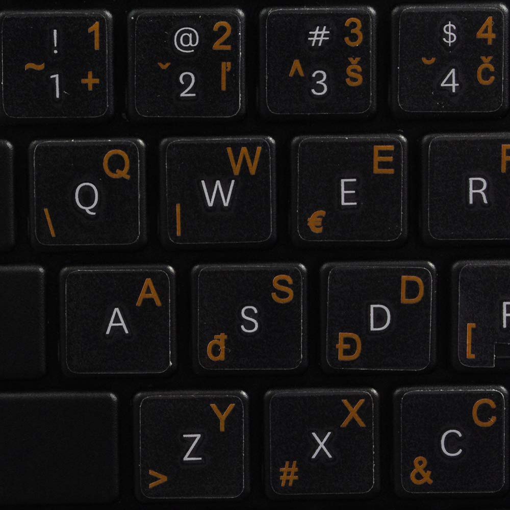 Slovak Keyboard Decals ON Transparent Background with Blue, Orange, RED, White OR Yellow Lettering (14X14) (Orange)