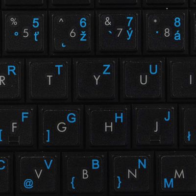 Slovak Keyboard Decals ON Transparent Background with Blue, Orange, RED, White OR Yellow Lettering (14X14) (Blue)