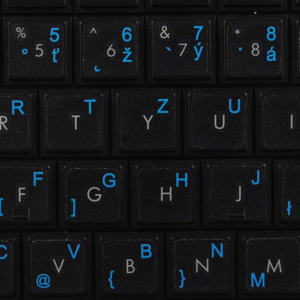 Slovak Keyboard Decals ON Transparent Background with Blue, Orange, RED, White OR Yellow Lettering (14X14) (Blue)