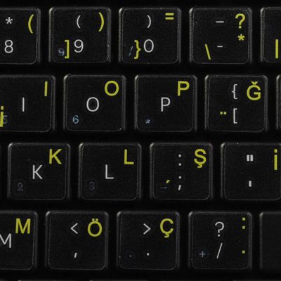 Turkish Keyboard Decals ON Transparent Background with Blue, Orange, RED, White OR Yellow Lettering (14X14) (Yellow)