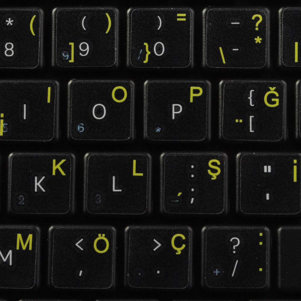 Turkish Keyboard Decals ON Transparent Background with Blue, Orange, RED, White OR Yellow Lettering (14X14) (Yellow)