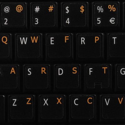 COLEMAK Keyboard Decals ON Transparent Background with Blue, Orange, RED, White OR Yellow Lettering (14X14) (Orange)