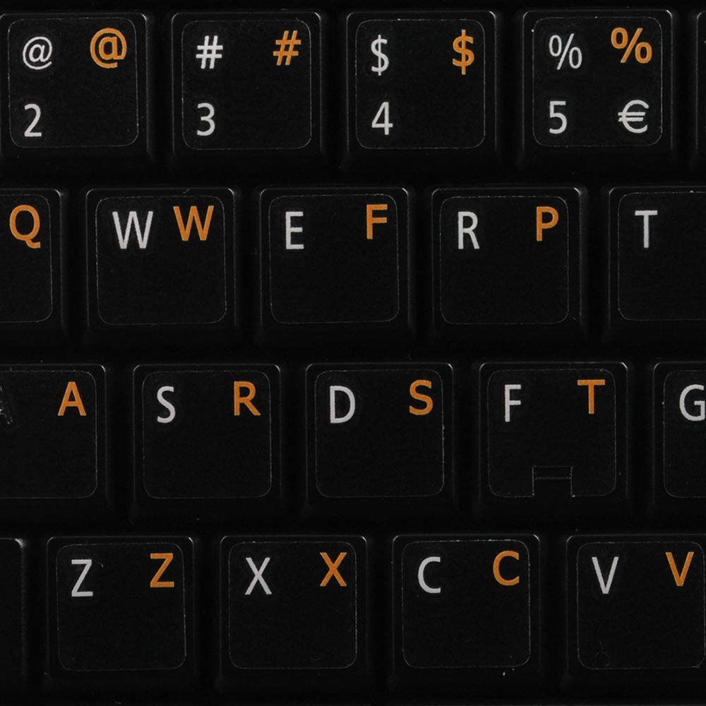 COLEMAK Keyboard Decals ON Transparent Background with Blue, Orange, RED, White OR Yellow Lettering (14X14) (Orange)