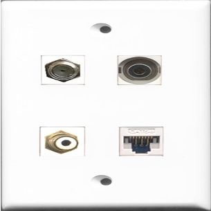 RiteAV 1 Port RCA White and 1 Port Coax Cable TV- F-Type and 1 Port 3.5mm and 1 Port Cat5e Ethernet White Wall Plate
