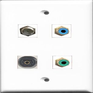 RiteAV 1 Port RCA Green and 1 Port RCA Blue and 1 Port Coax Cable TV- F-Type and 1 Port Toslink Wall Plate