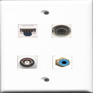 RiteAV - 1 Port RCA Blue and 1 Port 3.5mm and 1 Port BNC and 1 Port Cat5e Ethernet White Wall Plate