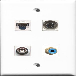 RiteAV - 1 Port RCA Blue and 1 Port 3.5mm and 1 Port BNC and 1 Port Cat5e Ethernet White Wall Plate