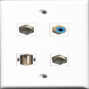 RiteAV 1 Port RCA Blue 2 Port Coax Cable TV- F-Type and 1 Port USB A-A Wall Plate