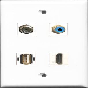 RiteAV 1 Port HDMI and 1 Port RCA Blue and 1 Port Coax Cable TV- F-Type and 1 Port USB A-A Wall Plate