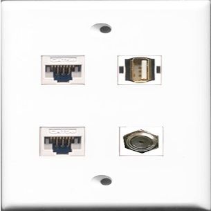RiteAV 1 Port Coax Cable TV- F-Type and 1 Port USB A-A 2 Port Cat5e Ethernet White Wall Plate