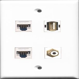 RiteAV 1 Port RCA White and 1 Port USB A-A 2 Port Cat5e Ethernet White Wall Plate