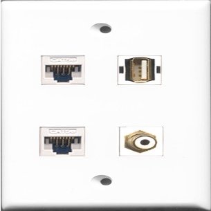 RiteAV 1 Port RCA White and 1 Port USB A-A 2 Port Cat5e Ethernet White Wall Plate