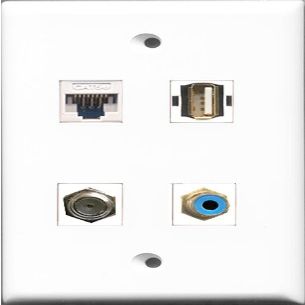 RiteAV 1 Port RCA Blue and 1 Port Coax Cable TV- F-Type and 1 Port USB A-A and 1 Port Cat5e Ethernet White Wall Plate