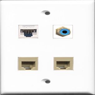 RiteAV 1 Port RCA Blue 2 Port Phone RJ11 RJ12 Beige and 1 Port Cat5e Ethernet White Wall Plate