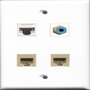RiteAV 1 Port RCA Blue 2 Port Phone RJ11 RJ12 Beige and 1 Port Cat5e Ethernet White Wall Plate