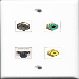 RiteAV 1 Port RCA Yellow and 1 Port RCA Green and 1 Port Coax Cable TV- F-Type and 1 Port Cat5e Ethernet White Wall Plate