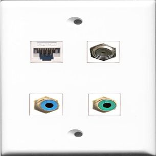 RiteAV - 1 Port RCA Green and 1 Port RCA Blue and 1 Port Coax Cable TV- F-Type and 1 Port Cat5e Ethernet White Wall Plate