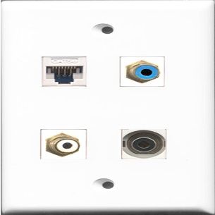 RiteAV 1 Port RCA White and 1 Port RCA Blue and 1 Port 3.5mm and 1 Port Cat5e Ethernet White Wall Plate