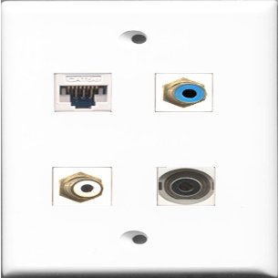 RiteAV 1 Port RCA White and 1 Port RCA Blue and 1 Port 3.5mm and 1 Port Cat5e Ethernet White Wall Plate