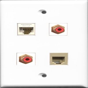 RiteAV - 2 Port RCA Red and 1 Port Phone RJ11 RJ12 Beige and 1 Port Cat6 Ethernet White Wall Plate