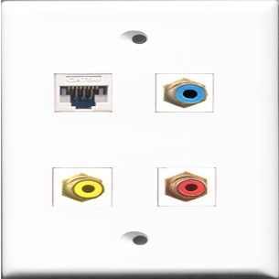 RiteAV 1 Port RCA Red and 1 Port RCA Yellow and 1 Port RCA Blue and 1 Port Cat5e Ethernet White Wall Plate