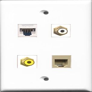RiteAV 1 Port RCA White and 1 Port RCA Yellow and 1 Port Phone RJ11 RJ12 Beige and 1 Port Cat5e Ethernet White Wall Plate