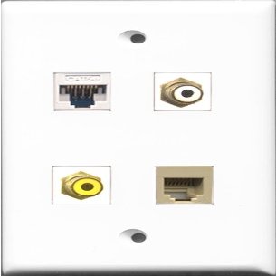 RiteAV 1 Port RCA White and 1 Port RCA Yellow and 1 Port Phone RJ11 RJ12 Beige and 1 Port Cat5e Ethernet White Wall Plate