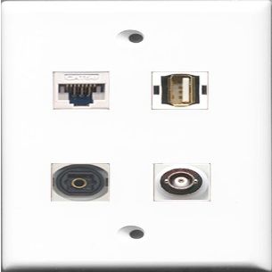 RiteAV 1 Port USB A-A and 1 Port Toslink and 1 Port BNC and 1 Port Cat5e Ethernet White Wall Plate