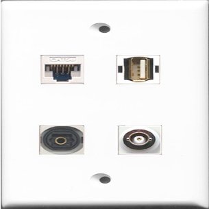 RiteAV 1 Port USB A-A and 1 Port Toslink and 1 Port BNC and 1 Port Cat5e Ethernet White Wall Plate
