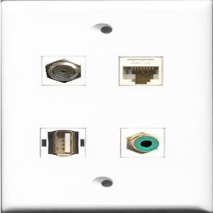 RiteAV 1 Port RCA Green and 1 Port Coax Cable TV- F-Type and 1 Port USB A-A and 1 Port Cat6 Ethernet White Wall Plate