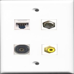 RiteAV - 1 Port RCA Yellow and 1 Port Coax Cable TV- F-Type and 1 Port Toslink and 1 Port Cat5e Ethernet White Wall Plate
