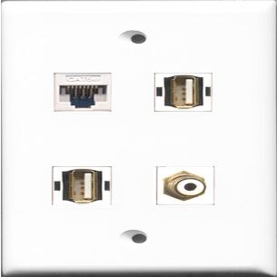 RiteAV 1 Port RCA White 2 Port USB A-A and 1 Port Cat5e Ethernet White Wall Plate