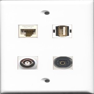 RiteAV 1 Port USB A-A and 1 Port Toslink and 1 Port BNC and 1 Port Cat6 Ethernet White Wall Plate