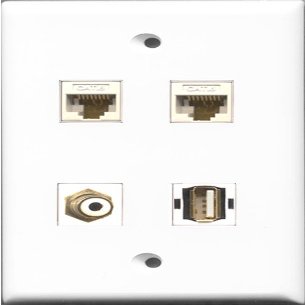 RiteAV 1 Port RCA White and 1 Port USB A-A 2 Port Cat6 Ethernet White Wall Plate