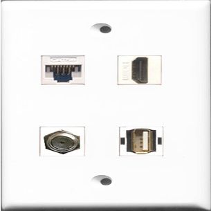 RiteAV - 1 Port HDMI and 1 Port Coax Cable TV- F-Type and 1 Port USB A-A and 1 Port Cat5e Ethernet White Wall Plate