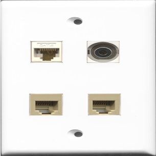 RiteAV - 2 Port Phone RJ11 RJ12 Beige and 1 Port 3.5mm and 1 Port Cat6 Ethernet White Wall Plate