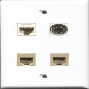 RiteAV - 2 Port Phone RJ11 RJ12 Beige and 1 Port 3.5mm and 1 Port Cat6 Ethernet White Wall Plate