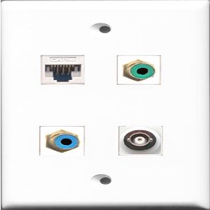 RiteAV 1 Port RCA Green and 1 Port RCA Blue and 1 Port BNC and 1 Port Cat5e Ethernet White Wall Plate