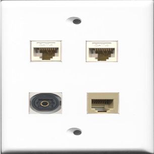 RiteAV 1 Port Phone RJ11 RJ12 Beige and 1 Port Toslink 2 Port Cat6 Ethernet White Wall Plate