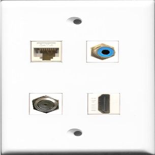 RiteAV 1 Port HDMI and 1 Port RCA Blue and 1 Port Coax Cable TV- F-Type and 1 Port Cat6 Ethernet White Wall Plate