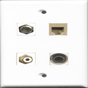 RiteAV 1 Port RCA White and 1 Port Coax Cable TV- F-Type and 1 Port Phone RJ11 RJ12 Beige and 1 Port 3.5mm Wall Plate