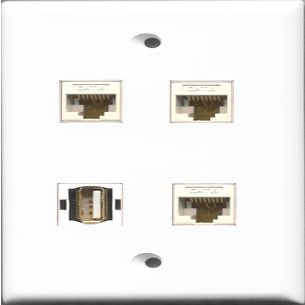 RiteAV 1 Port USB A-A 3 Port Cat6 Ethernet White Wall Plate