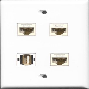 RiteAV 1 Port USB A-A 3 Port Cat6 Ethernet White Wall Plate