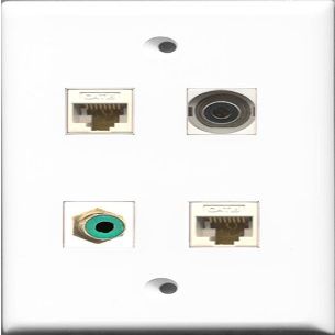 RiteAV 1 Port RCA Green and 1 Port 3.5mm 2 Port Cat6 Ethernet White Wall Plate
