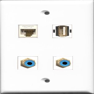 RiteAV - 2 Port RCA Blue and 1 Port USB A-A and 1 Port Cat6 Ethernet White Wall Plate