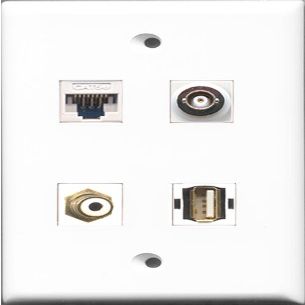 RiteAV - 1 Port RCA White and 1 Port USB A-A and 1 Port BNC and 1 Port Cat5e Ethernet White Wall Plate