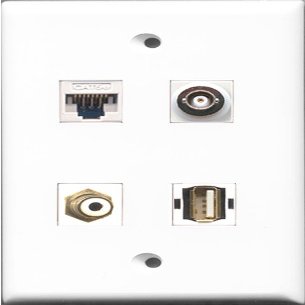 RiteAV - 1 Port RCA White and 1 Port USB A-A and 1 Port BNC and 1 Port Cat5e Ethernet White Wall Plate