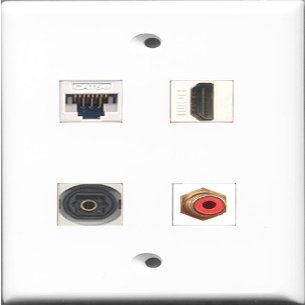 RiteAV 1 Port HDMI and 1 Port RCA Red and 1 Port Toslink and 1 Port Cat5e Ethernet White Wall Plate