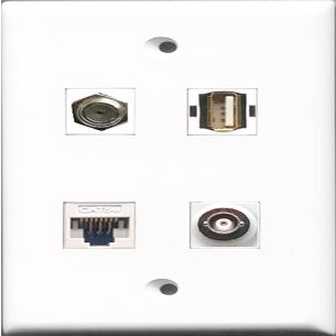 RiteAV 1 Port Coax Cable TV- F-Type and 1 Port USB A-A and 1 Port BNC and 1 Port Cat5e Ethernet White Wall Plate